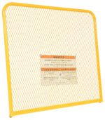 A freestanding yellow metal safety barrier with a lattice design and central warning label resembles the Vestil Work Platform Optional 84 In Back Height 48W, providing protection with its 84-inch back height and 48-inch width.