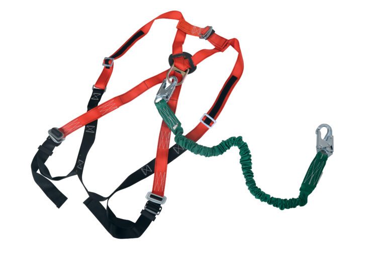 WP-LH-S_A.jpg The Vestil Small Work Platform Harness W/ Lanyard features a red and black design with sturdy metal buckles, a green lanyard, and a silver hook, ensuring safety and reliability for any task.