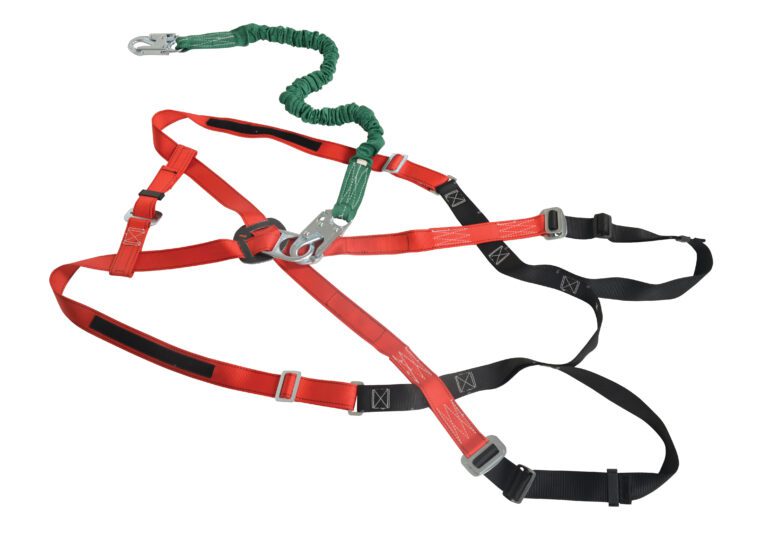 The Vestil 2XL Work Platform Harness W/ Lanyard features red and black straps with metal buckles and connectors, plus a green elastic lanyard with a silver hook for height safety.