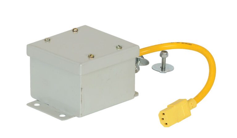 The Vestil Work Platform Fork Truck Stop Button Box features a gray metal electrical box with a yellow power cable and plug, stop button, mounting bracket, and four top screws. The looped cable extends to the plug at the bottom right.