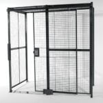 The Vestil Sliding Door W/Ceiling Cage 4 Side 10X10 boasts a metal frame with wire mesh panels, featuring an open entrance and secure access panel. Its industrial design stands out against a white background, highlighting its functionality and form.