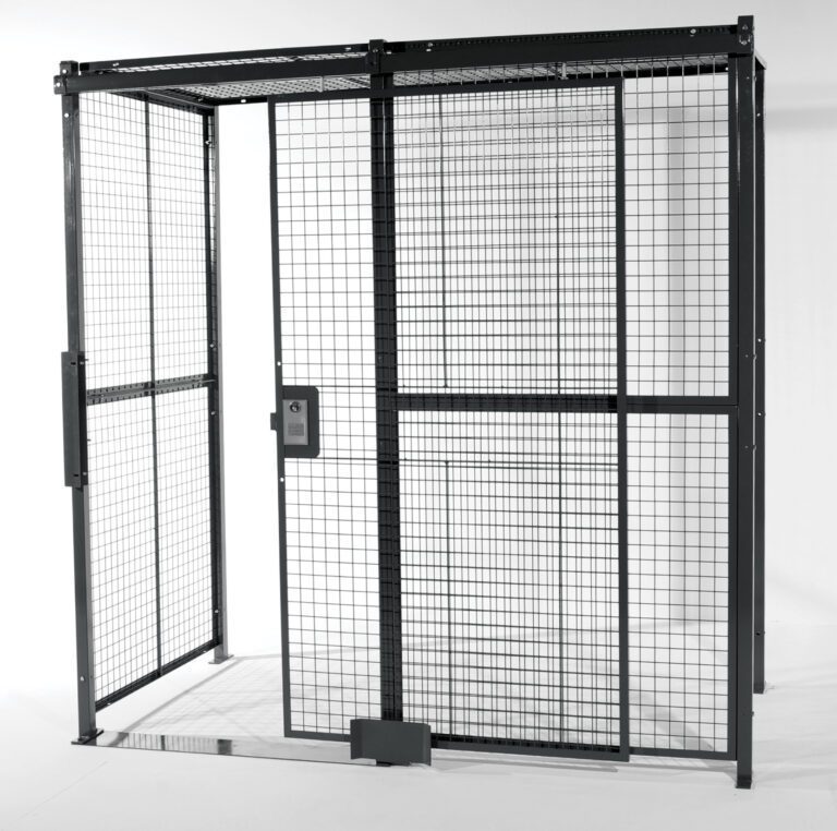 The Vestil Sliding Door W/Ceiling Cage 4 Side 10X10 boasts a metal frame with wire mesh panels, featuring an open entrance and secure access panel. Its industrial design stands out against a white background, highlighting its functionality and form.