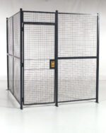 The Vestil Hinged Door No Ceiling Cage 4 Side 12X12 features black metal poles and grid panels, a hinged door with a latch for secure closure. It stands on a white background, embodying practical design.