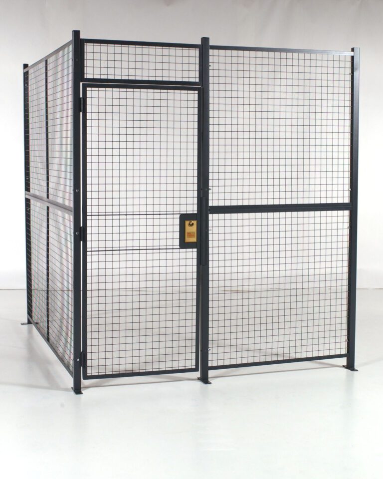 The Vestil Hinged Door No Ceiling Cage 4 Side 12X12 features black metal poles and grid panels, a hinged door with a latch for secure closure. It stands on a white background, embodying practical design.