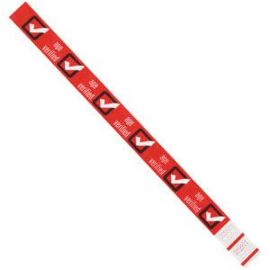 The 3/4 x 10 red Age Verified Tyvek® wristbands feature white check marks in red squares and come in a case of 500, perfect for all your age verification needs.