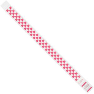 A long, narrow white strip with a pink and white checkerboard pattern features angled lines and small pink wave designs at one end. Crafted from durable Tyvek®, the 3/4 x 10 Pink Checkerboard wristbands come in a case of 500.