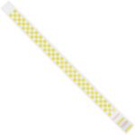 The 3/4 x 10 Yellow Checkerboard Tyvek® Wristbands (500/Case) include a long strip with yellow and white checkerboard squares, colorful wavy lines at the end, and TASSAR elegantly printed.