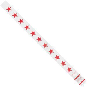 Check out our 3/4 x 10 Red Stars Tyvek® Wristbands, featuring a diagonal design with striking red stars. Ideal for any event, these durable wristbands come in a pack of 500 per case.
