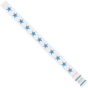 Presenting the 3/4 x 10 Blue Stars Tyvek® Wristbands—a striking accessory featuring blue stars and a bold zigzag at one end. Sold in convenient sets of 500 per case, these wristbands offer both style and functionality.
