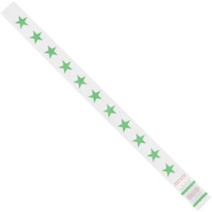 The 3/4 x 10 Green Stars Tyvek® Wristbands, featuring a sleek design with green stars on a white band, are made from durable Tyvek®. They come in a set of 500 per case and offer both style and resilience for any event.