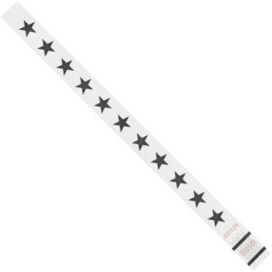 The 3/4 x 10 White Stars Tyvek® Wristbands feature black stars on a white surface with numbers and a barcode for added functionality. Sold in cases of 500, theyre perfect for events requiring reliable admission solutions.