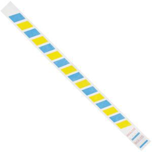 The sticker, akin to the 3/4 x 10 Blue/Yellow Stripes Tyvek® Wristbands, is a long white rectangle with evenly spaced blue and yellow squares forming diagonal stripes across its length.