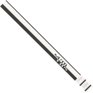 The 3/4 x 10 black VIP Tyvek® wristbands, available in cases of 500, feature a bold stripe and include peel-and-stick adhesive for easy application.