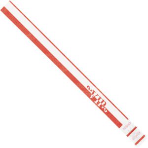 The 3/4 x 10 Red VIP Tyvek® Wristbands feature red and white designs with diagonal stripes merging into a solid red bottom, available in cases of 500.