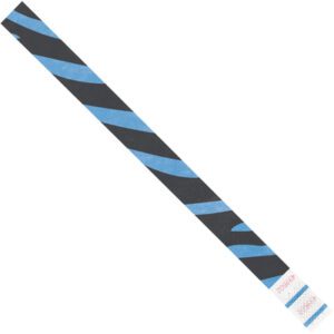 The thin, rectangular wristband has diagonal black and blue stripes resembling a blue zebra pattern, with a white adjustable end adorned with small red and blue text, perfectly mirroring the style of 3/4 x 10 Blue Zebra Stripe Tyvek® Wristbands.