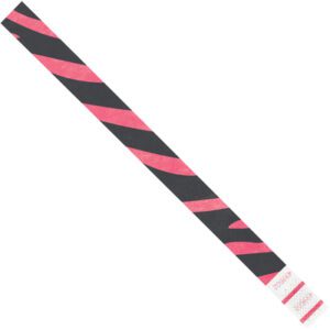 A diagonal view of a 3/4 x 10 Pink Zebra Stripe Tyvek® Wristband, featuring black stripes and white end sections.