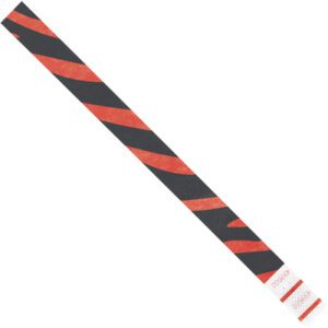A long, diagonal-striped strip in alternating red and black resembles the 3/4 x 10 Red Zebra Stripe Tyvek® Wristbands. The base is white with text against a plain white background.