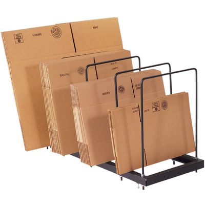 WS1000.jpg A metal MH-USA 44 x 18 x 26 Single Tier Carton Stand displays three rows of brown cardboard boxes, stacked neatly from largest at the back to smallest in front, featuring a black base and vertical supports for stability and organization.