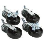 The MH-USA Caster Set for Carton Stands includes four black swivel wheels with metal brackets and bolts, ensuring smooth mobility and sturdy support, displayed clustered on a white background.