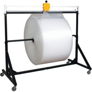 A large roll of bubble wrap rests horizontally on the MH-USA 50 Storage Stand with wheels, supported by a central rod and equipped with a yellow cutting tool at the top for easy access.