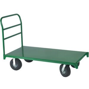 The MH-USA 24 x 48 Metal Platform Truck features a sturdy metal frame with four wheels (two swivel, two fixed) and a vertical handle for easy maneuvering. Its spacious rectangular bed is ideal for effortlessly transporting goods.