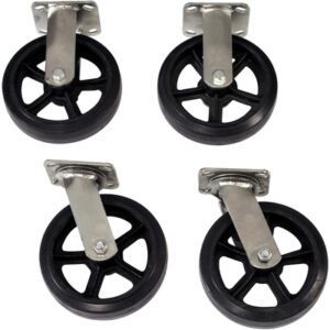 The MH-USA 8 x 2 Wheel Set features four black caster wheels with silver metal attachments, each in a five-spoke design, arranged in a square layout against a white background for sleek functionality.
