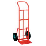 The MH-USA Heavy-Duty Steel Hand Truck features a bright red frame, two black wheels, a flat base, a tall vertical continuous handle, and a support grid design.