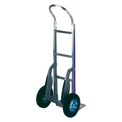 WS1031.jpg The MH-USA Aluminum Hand Truck with a curved handle and two semi-pneumatic black wheels offers durability and ease of use. Its rectangular frame has horizontal supports, and a small base platform is ideal for carrying items, all set against a plain white background.