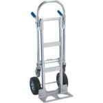 The MH-USA Convertible Aluminum Hand Truck, in silver with blue grips, boasts a folding handle and tough platform ideal for heavy loads. Its sturdy industrial design meets all your hauling needs.