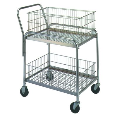 WS1034.jpg The MH-USA Mail Cart, measuring 33 x 20 x 37.5 inches, includes two vertical wire mesh baskets and four black wheels for smooth movement. It also features a convenient handle on the side for easy maneuvering.