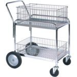 The MH-USA Mail Cart offers a metal utility design with a push handle and dual wire baskets, plus large solid rear wheels and smaller front swivel wheels for easy maneuverability.