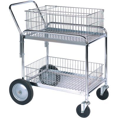 WS1035.jpg The MH-USA Mail Cart offers a metal utility design with a push handle and dual wire baskets, plus large solid rear wheels and smaller front swivel wheels for easy maneuverability.