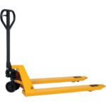 The MH-USA 48 x 27 Economy Pallet Truck is a yellow manual jack with black handles, two prongs, and centrally positioned wheels for superior maneuverability, ideal for lifting and transporting pallets in warehouses or storage spaces.