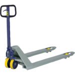 The MH-USA 36 x 27 Deluxe Pallet Truck has a black and blue handle, yellow wheels, and two prongs for efficient pallet lifting and moving. It is essential in warehouses and industrial settings for manual material handling tasks.