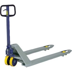 The MH-USA 42 x 27 Deluxe Pallet Truck has yellow wheels, a blue handle, and metallic forks designed for easy pallet lifting and moving.