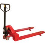The MH-USA 48 x 33 4-Way Pallet Truck is red with a black handle and two tandem front wheels, featuring extended forks ideal for manually lifting and moving pallets in warehouses.