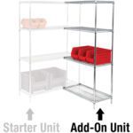 A wire shelving system with two connected units: a shaded Starter Unit on the left and an MH-USA Add-On Unit on the right, featuring red and gray storage bins neatly arranged on its shelves.