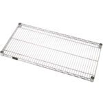 The MH-USA 60 x 24 Wire Shelf has a metal grid pattern and is supported by four round black caps, providing a sturdy and organized shelving solution.