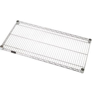 The MH-USA 60 x 24 Wire Shelf has a metal grid pattern and is supported by four round black caps, providing a sturdy and organized shelving solution.