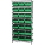 The MH-USA 36 x 18 x 74 - 8 Shelf Wire Shelving Unit with (21) Green Bins features a sturdy metal frame, supporting open-top bins for easy access and ideal organized storage.