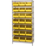 A tall MH-USA 36 x 18 x 74 shelving unit includes eight wire shelves, each featuring 21 open-front yellow bins for easy organization and accessibility.