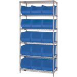 The MH-USA 36 x 18 x 74 - 6 Shelf Wire Shelving Unit comes with (15) front-open blue bins and features an industrial design, offering five evenly spaced tiers for organized storage.