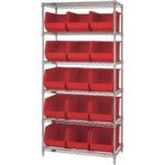 The MH-USA 36 x 18 x 74 wire shelving unit offers six shelves and comes with fifteen open-top red bins for efficient organization, adding functionality and style to any space.