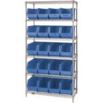 The MH-USA 36 x 18 x 74 metal shelving unit features six wire mesh shelves and includes 20 blue storage bins, providing organized elegance on a plain white background.