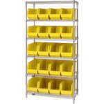 A MH-USA 36 x 18 x 74 - 6 Shelf Wire Shelving Unit against a white background features open-front yellow bins for easy storage, enhancing the units efficiency.
