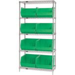 The MH-USA 36 x 18 x 74 wire shelving unit includes five shelves and eight green bins, offering sturdy storage with an industrial look perfect for efficient organization.