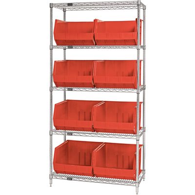 WSBQ270R.jpg The MH-USA 36 x 18 x 74 Wire Shelving Unit features adjustable shelves and includes (8) top-open red bins for easy access, offering customizable storage to simplify organization.