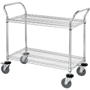 The MH-USA 36 x 24 x 38 Wire Cart features chrome utility with two strong shelves and four swivel casters. Sturdy handles ensure easy maneuverability, perfect for transporting items in kitchens, offices, or industrial areas.