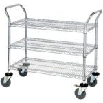 The MH-USA 36 x 24 x 38 3-Shelf Heavy-Duty Wire Cart features a robust metal build with swivel casters for smooth mobility. Two handles on each end make maneuvering easy, providing a practical solution for efficiently transporting various items.
