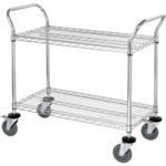 The MH-USA 48 x 18 x 38 - 2 Shelf Heavy-Duty Wire Cart is a versatile metal utility cart with two wire shelves and four swivel wheels, enhanced by chrome handles, and featured against a plain white backdrop.